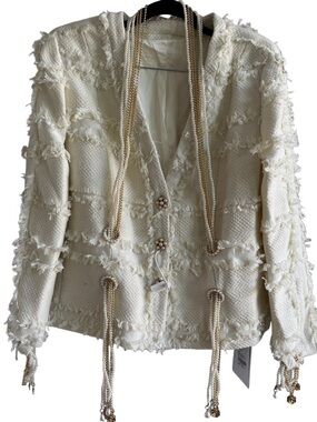 Designer-Style Cream Tweed Fringed Bouclé Jacket with Pearl and Metal ornaments